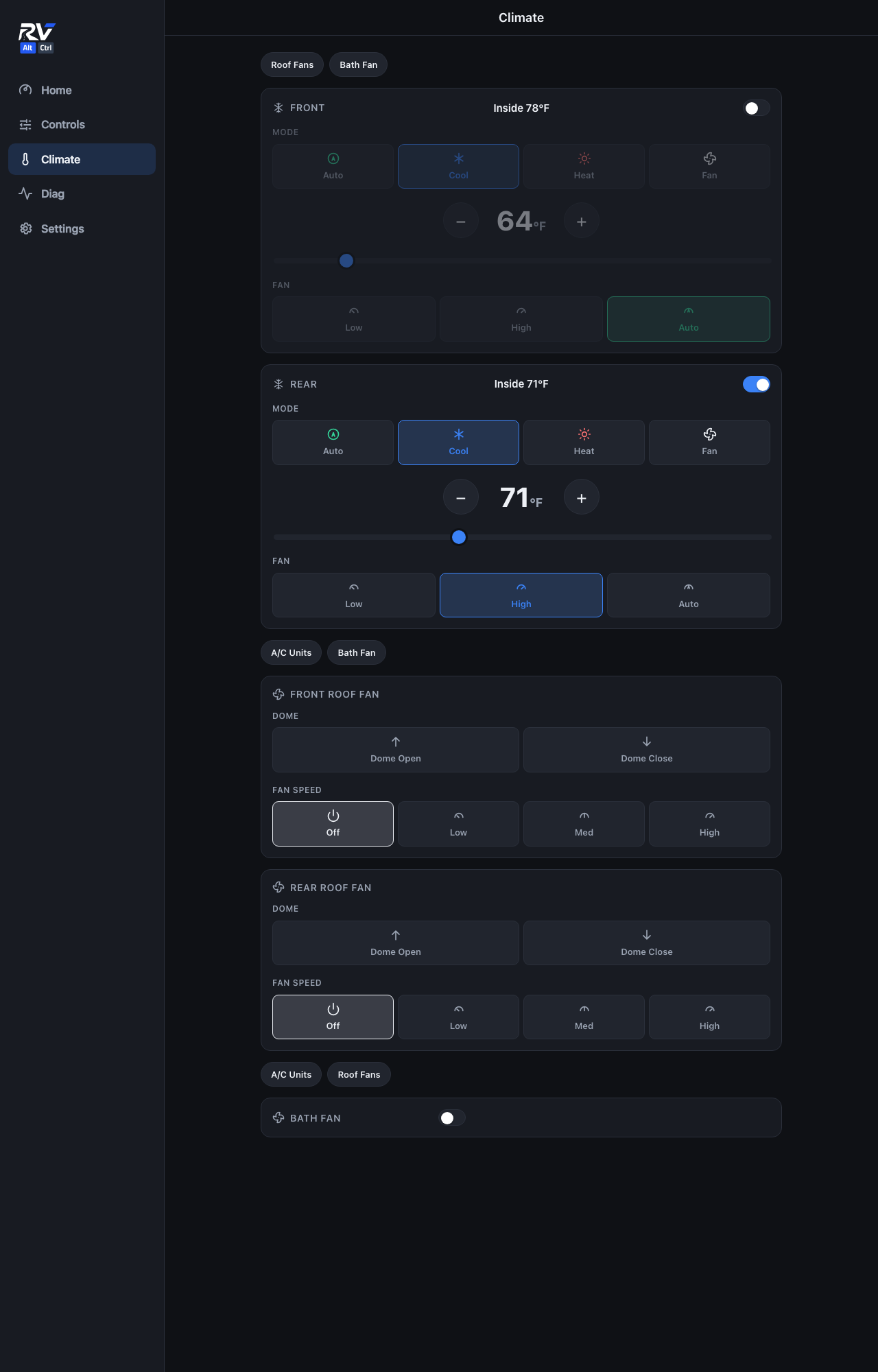 Climate page showing Front and Rear zone thermostats and roof fan controls