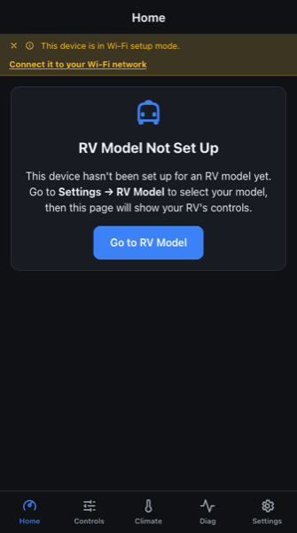 RVAltCtrl Home page showing the Wi-Fi setup mode banner and the RV Model Not Set Up card