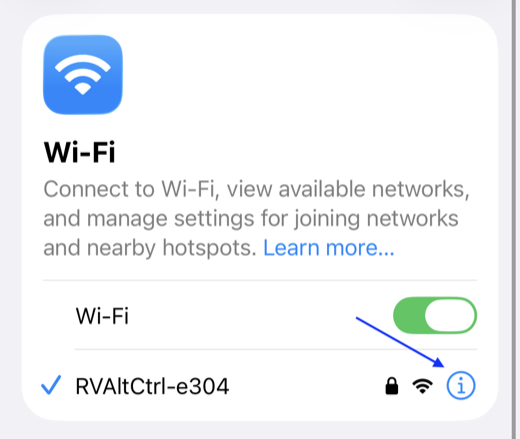 iPhone WiFi settings with an arrow pointing to the info button next to the RVAltCtrl network