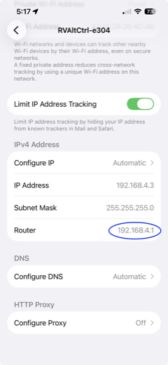 iPhone WiFi network details screen with the Router address 192.168.4.1 circled