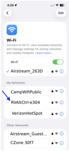 iPhone WiFi settings list with an arrow pointing to the RVAltCtrl-e304 network