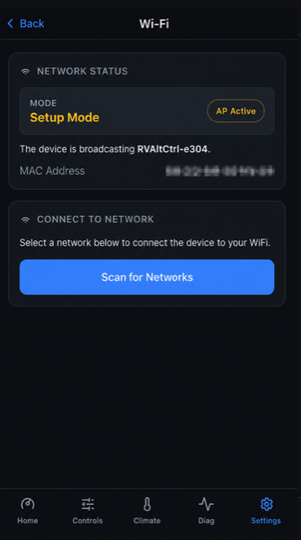 RVAltCtrl Wi-Fi settings page in Setup Mode, showing the Scan for Networks button