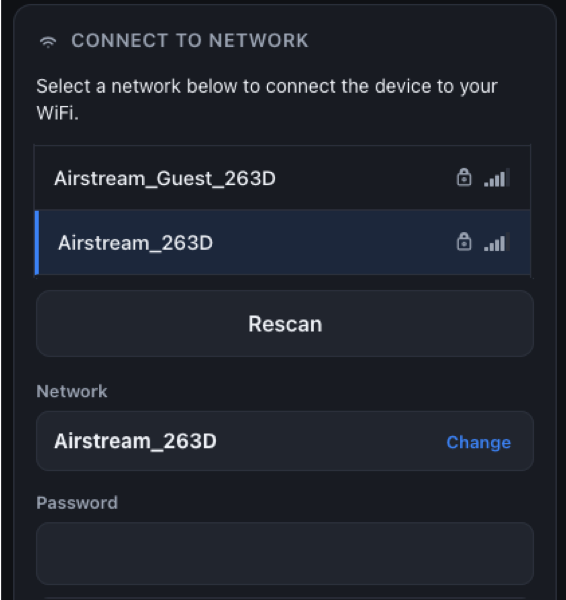 RVAltCtrl Wi-Fi scan results listing nearby networks, with the selected network and a password field below