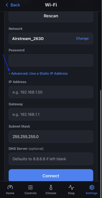 RVAltCtrl Wi-Fi connection form with the optional Advanced: Use a Static IP Address section expanded, showing IP Address, Gateway, Subnet Mask, and DNS Server fields