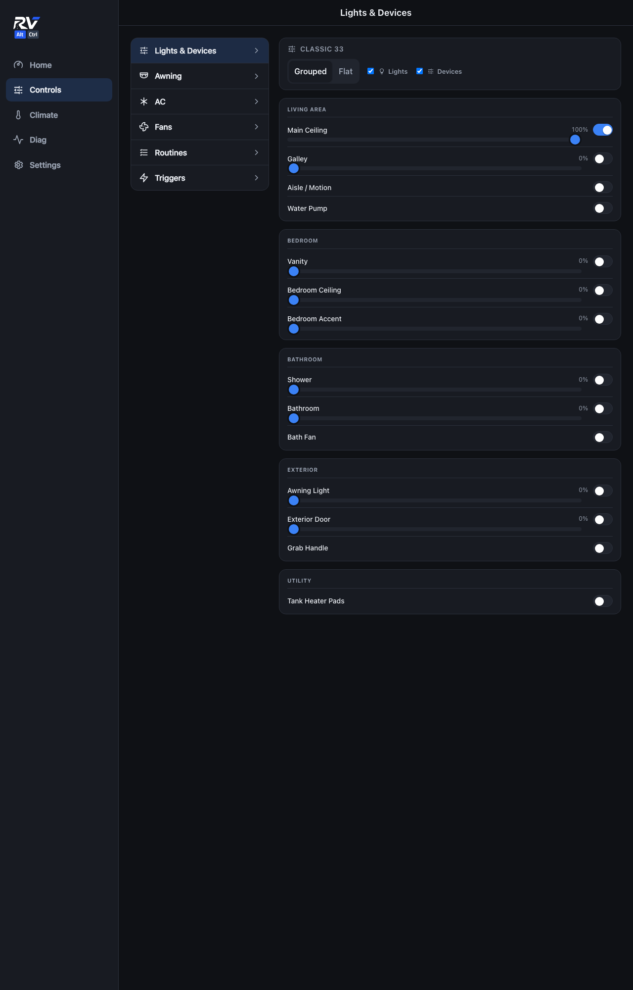 Lights & Devices control page, grouped by area