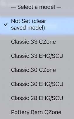 RV Model dropdown list showing supported RV models