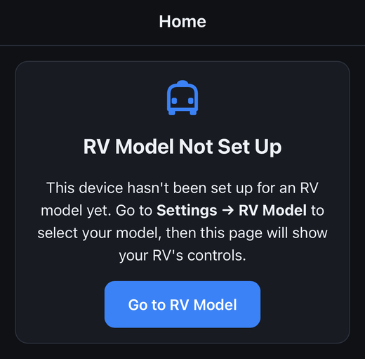 RVAltCtrl Home page showing the RV Model Not Set Up card