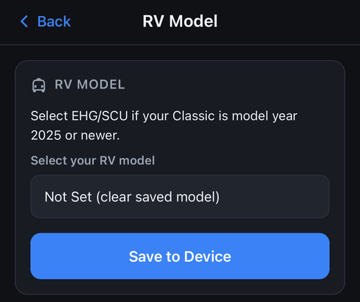 RV Model settings page with the model dropdown set to Not Set and a Save to Device button
