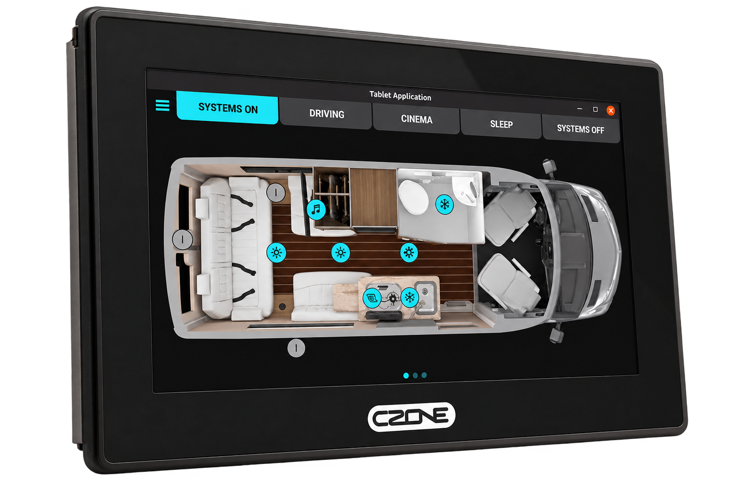 CZone tablet control interface showing an RV floor plan and system controls